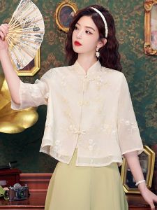Elegant Embroidered Chiffon Shirt New Chinese Style Seven Sleeve Womens Fashionable Top High End Summer 2026 Commute Retro Loose Fit