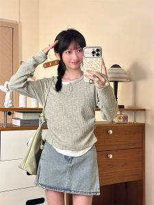 Slim Fit Short Knitted Sweater Long Sleeve V-Neck Color Block Design Commute Style Polyester Fiber round Neck Knitted Top