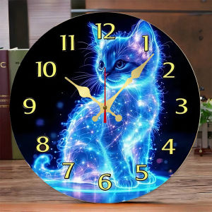 Blue Cat Wooden Round Silent Hanging Wall Clock Suitable For Living RoomOfficeStudy Room Bedroom Home Decoration