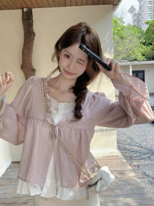 CHOEFULYN | Áo Blouse Cổ V Đính Ren Hồng Thiết Kế Đáng Yêu