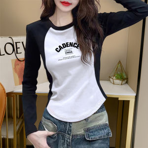 เสื้อยืดแขนยาวสไตล์อเมริกันสำหรับผู้หญิง ฤดูใบไม้ผลิและฤดูใบไม้ร่วง ทรงเข้ารูป ทรงสลิมฟิต เสื้อชั้นใน เสื้อตัวบน