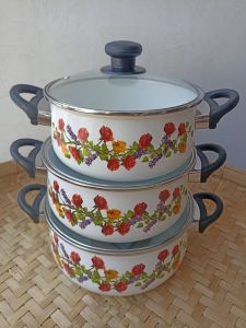 Panci Set Isi 3 Bunga 2-4 Liter Ukuran 20-24 cm Enamel Tutup Kaca
