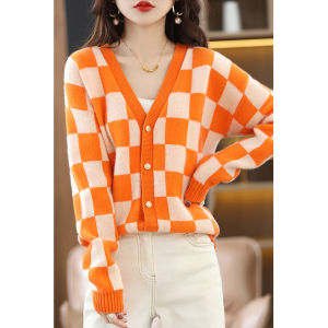 Plaid V-neck Knit Sweater Jacket