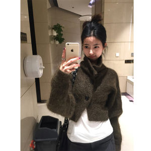 An Maiden American Retro High Neck Short Knitting Cardigan Female Spring Loose-Fitting Fashion Simple High Waist Tops