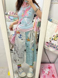 American Dopaamine Color Block Printed Casual Seven-Foot Pants Womens Loose Wide Leg Medium-Length Trousers Spring Summer New Design