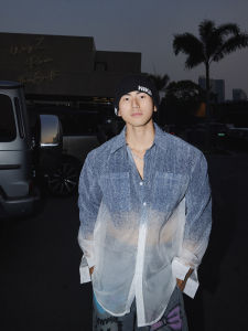 Áo Sơ Mi Denim Tím Bạc Hà Nguyên Bản PAPASLILMONSTER Dành Cho Nam Mùa Xuân Thường Ngày Dài Tay Thoáng Khí Cổ Vuông