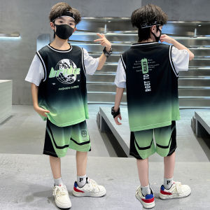 Boys Basketball Uniform Short Sleeve Training Suit Quick Dry Fake Two-Piece Set Youth Trendy Customizable Childrens Sportswear