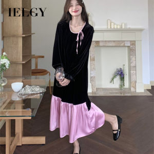 IELGY Pink splicing dress womens temperament long sleeve fishtail skirt