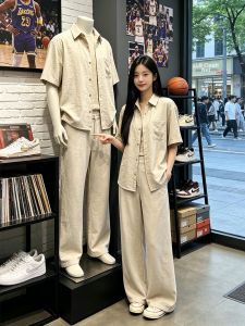 Apricot Old Money Style Thin Set Ice Silk Ramie Short Sleeve Shirt and Trousers For Men