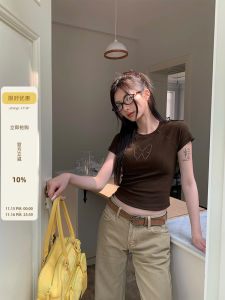 Shiny Butterfly Shoulder Insert Short Sleeve T-Shirt Womens Summer New Style Slim Fit American Retro Design Top Korean Version