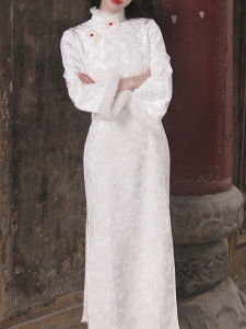 White New Chinese Style Cheongsam Frock Coat Winter Thickened Long Sleeve Young Style Slimming Daily Vintage Small Size