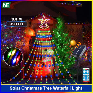 Solar LED Waterfall Lights Outdoor Waterproof Christmas Tree Deco Fairy Lights 8 Modes Remote Control Star String Lamp