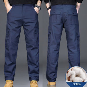 Mens Cargo Pants Multi-Pocket Cotton Overalls Solid Color Work Wear Casual Wide Gray Outdoors Trousers Male Plus Size 40