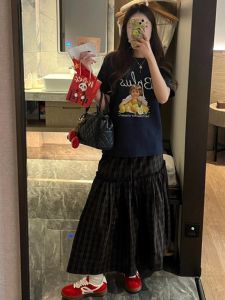 American Retro Plaid Lace Split Mid Length Long Length Skirt Womens Spring & Fall Elastic Waistband Slimming A- line Large Hem Umbrella Skirt
