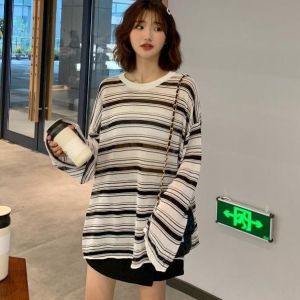 IELGY Womens long-sleeved striped loose mid-length blouse thin and breathable