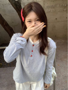 Loose Long Sleeve T-Shirt Womens Autumn Winter Button up Striped Casual Style Slimming Youthful Chic Top for Young Women