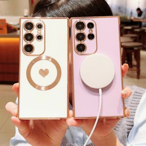 Luxury Plating Lovely Heart Soft Case For Samsung Galaxy S25 S24 S23 S22 S21 Plus Ultra S20 FE Magnetic Wireless Charge Cover