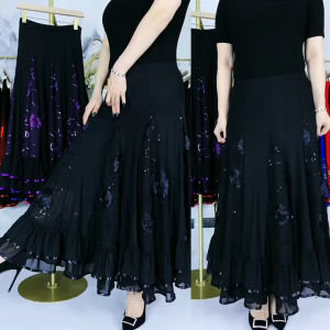 Spring and Summer Mesh Large Swing Skirt Womens Square Dance Skirt Embroidered Ballroom Dance Lace Edge Dance Ladieswear Dancing Dress