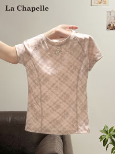 La Chapelle | American Style Check Shoulder Insert T-Shirt Women Slim Fit Thin