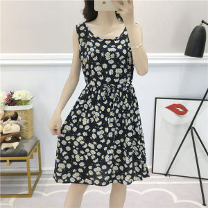 Short Cotton Silk Sleeveless Short Dress Shoelace Tight Waist Beach Skirt New Summer New plus Size round Collar Fashion