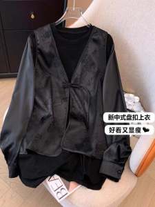 New Chinese Style Black Shirt with Button Large Size Womens Top Bottom Two-Piece Set Spring Season Fashion plus Size Vest