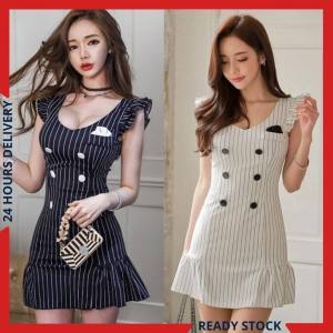 CFBOUTIQUE Korean Style Trendy Women Fashion Ruffles Stripe Double Breasted Button Summer Dinner Party Dress