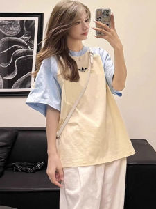 Summer New Loose Womens T-shirt Shoulder Stripe Short Sleeve round Neck Pure Cotton Casual Fashion Top Crossbody Stripes