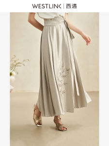 New Chinese Style Satin Bamboo Leaf Embroidered Half Skirt High Waist Versatile Summer New Arrival National Style Maxi Skirt