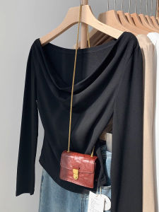 เสื้อยืดคอกลมแขนยาวสีดำ ทรงเข้ารูป ทรงสลิมฟิต ทรงเข้ารูป เสื้อยืดคอกลมสไตล์สาวฮอต สำหรับผู้หญิงในฤดูใบไม้ร่วง