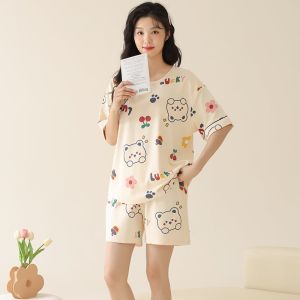 MiiOW | ชุดนอนผู้หญิงผ้าฝ้ายแท้ 100% ฤดูร้อน 2025 ชุดนอนสบาย ๆ แขนสั้น คอกลม กระโปรงสั้น สวมใส่สบาย สำหรับฤดูใบไม้ผลิและฤดูร้อน