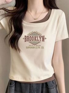 Slim Fit Short Sleeve Pure Cotton T-Shirt Womens Fashionable Shoulder Length Square Collar Color Block Print Korean Style Top