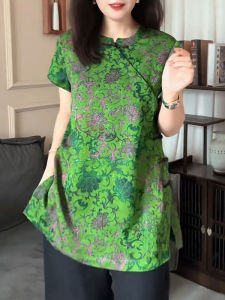 UYFY | Green Round Neck Printed Shirt Womens Summer New Style National Trend Slimming Top Chinese Style Loose Fit Short Sleeve