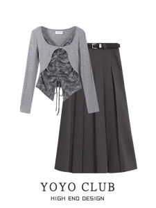 Irregular High Waist Pleated Skirt Long Sleeve T-Shirt Set YOYO CLUB Womens Fashion Autumn Collection Two-Piece Suit