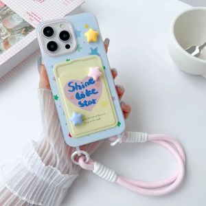 💗Internet celebrity trend+In stock+COD Luxury Love Heart Stars +Hanging Rope Soft Card Bag Phone Case For iPhone 15 14 13 12 11 Pro Max X XS Transparent Bumper Cover