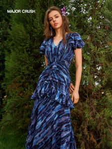 Romantic Ruffled Hem Blue Glass Poem Print Dress