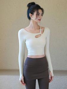 Womens Yoga Fitness Running Top Shoulder Strap Design Quick Dry Sports Bralette U-Neck Long Sleeve Breathable Gym T-Shirt