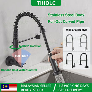 TIHOLE 360° Rotating Dual Spray Kitchen Faucet 304 Stainless Steel Spring Hose Pull Down Tap extender with Ceramic Cartridge sink Wall Deck Mount Hot Cold water tap head Mixer Leak-Proof Scratch Resistant paip singki dapur 水龙头延伸器
