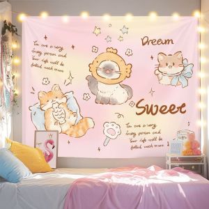 VIKAMA Pink Gradient Cat Tapestry Cute Orange Cat Fish Head Cover Kitten Star Cartoon Background Cloth Warm Tapestry Room Decor