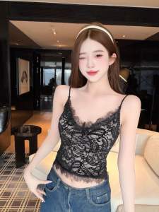 Women French V Neck Lace Camisole Top Built-in Bra Padded Slim Fit Crop TopTank Top Sleeveless Top