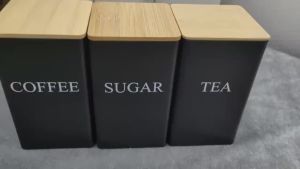 3pcs/Set Tea Coffee Sugar Canisters Bamboo Lid Iron Tea Cans Kitchen Square Food Storage Containers Home Office Use Decorate