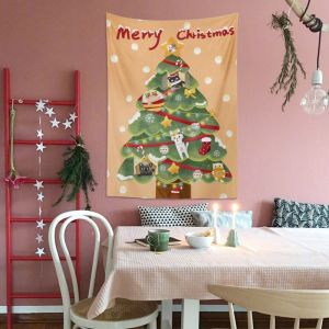 VIKAMA Vintage Santa Flying Moon Wall Tapestry Green Border Navy Background Star Folk Art Primitive Christmas Holiday Decor Soft