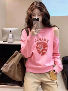 DANTING | Retro Pink Alphabet Print Off-Shoulder Short Style American Fashion Womens Sweater
