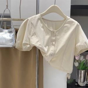 Áo Sơ Mi Cổ Tròn Cotton Nguyên Chất Màu Be Cho Nữ Mùa Hè 2025 Phong Cách Hàn Quốc Dáng Rộng Tay Thường Màu Trơn