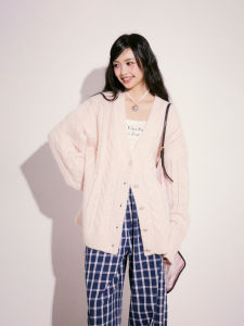 Pink V-neck Knitted Open Cardigan Womens Loose Lazy Style Sweater Jacket Autumn Warmth Single Piece Long Sleeve Pure Color