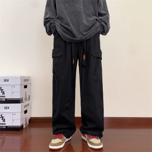 Loose Straight Leg Workwear Pants Mens Casual Trousers Spring Autumn Khaki Color Drawstring Cuffed Wide Leg Pants Japanese Style