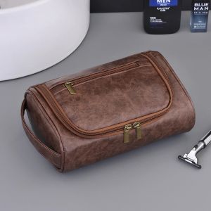 High Quality Travel Toiletry Bag For Women Men Retro PU Leather Cosmetic Bags Female Waterproof Travel Makeup Bag