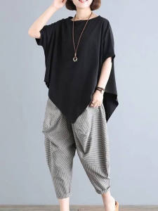 Cotton Batwing Sleeve Harlan Set Casual Slimming Loose Fit Summer Womens T-Shirt And Pants Ensemble Fashionable Casual Wear