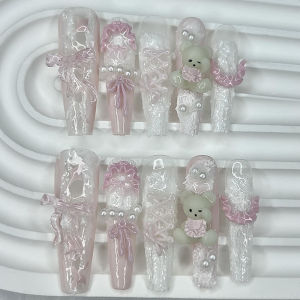 10PCS Cute Pink Blue Lolita French Lace Handmade Press On Nails 3D Teddy Bear Bow Pearl Fake Nails Sweet Elegant Long Nail Art