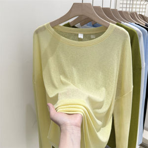 Yellow Thin Long Sleeve Womens T-shirt Summer Loose Korean Style Fashionable Mask Air Conditioner Covering Top Pure Color