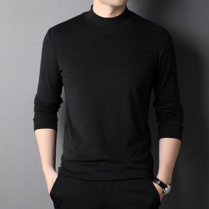 ROMON | Lormen Mens Long Sleeve Base Shirt Spring Autumn Winter Mid High Collar Pure White T-Shirt Fashion Urban Style Standard Fit
